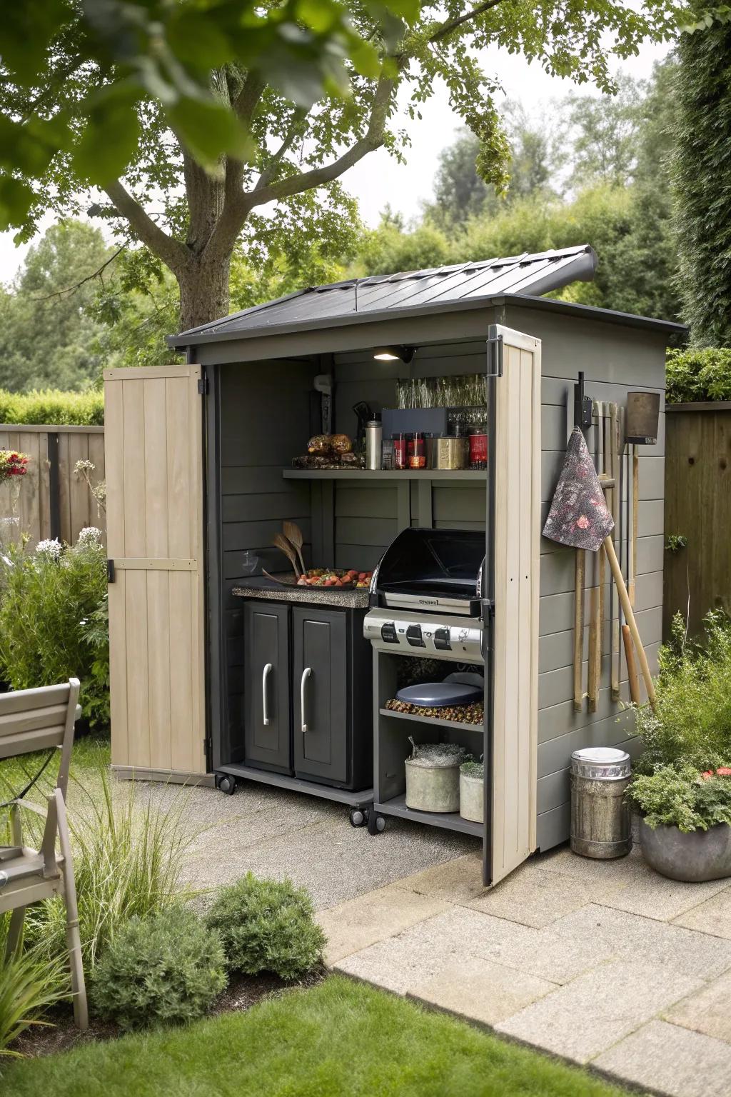 A BBQ shed combines coverage with convenient storage solutions.