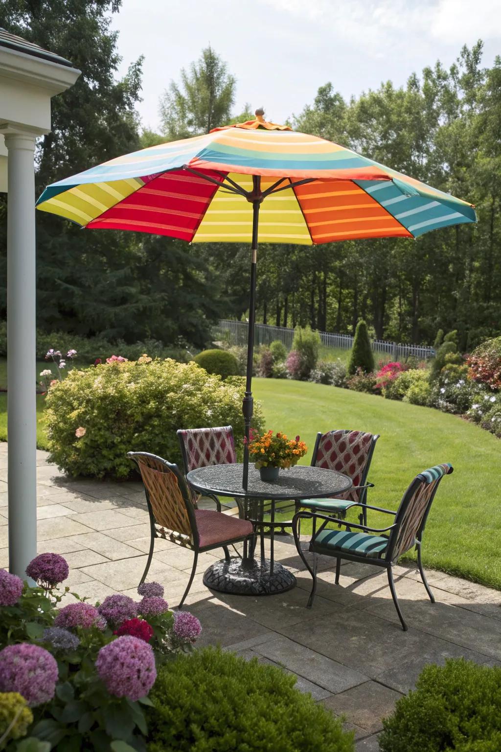 A patio umbrella combines style with functionality.