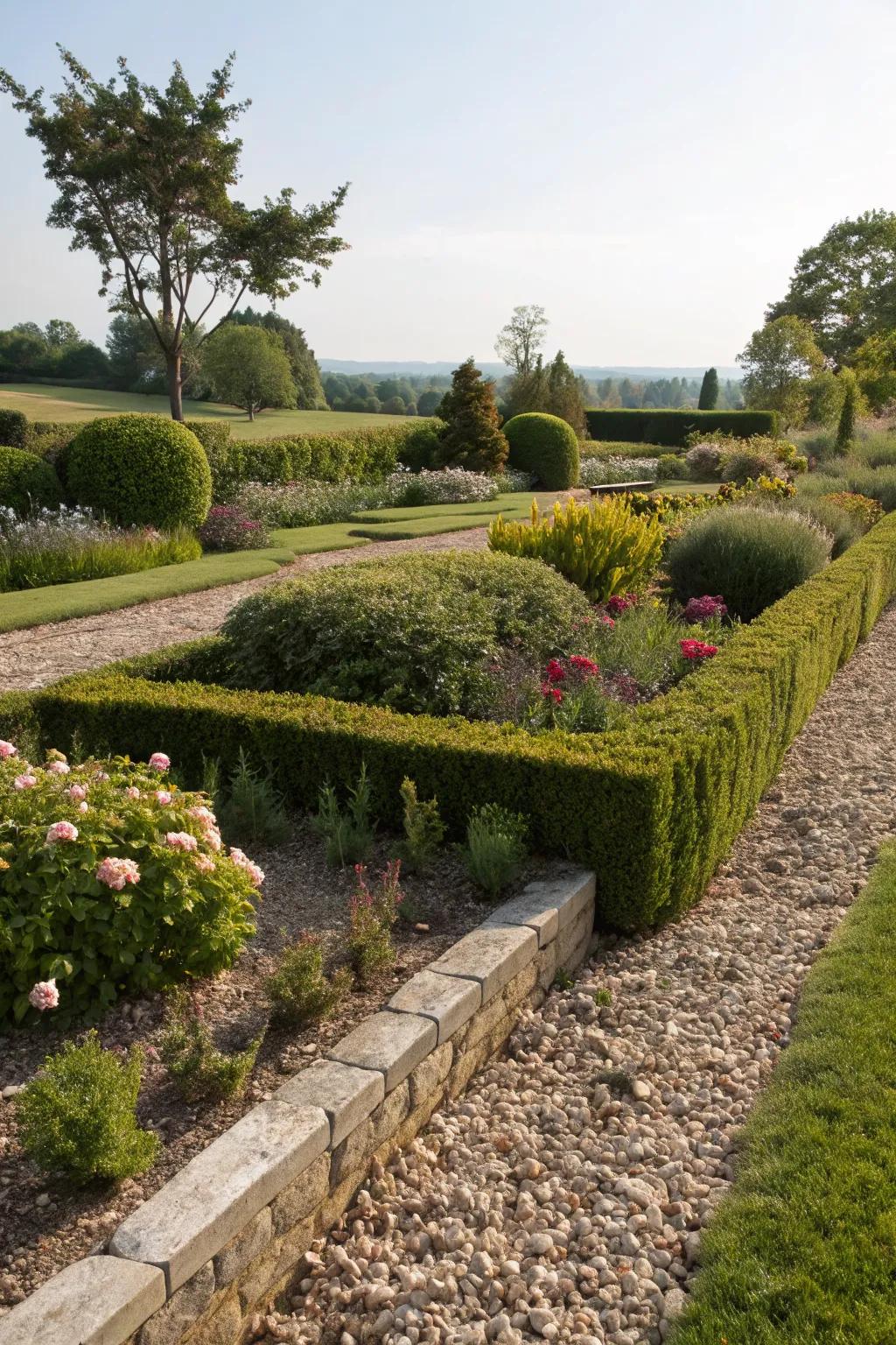 Well-defined borders and edging with shrubs.