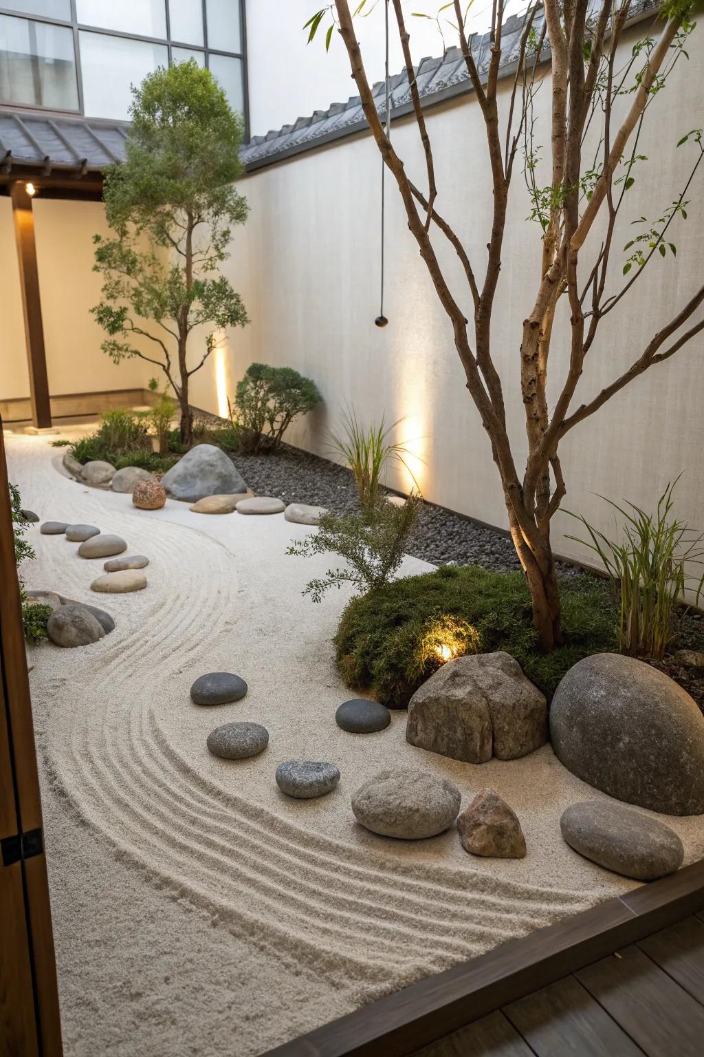 A mini Zen garden provides a tranquil escape in a side yard.