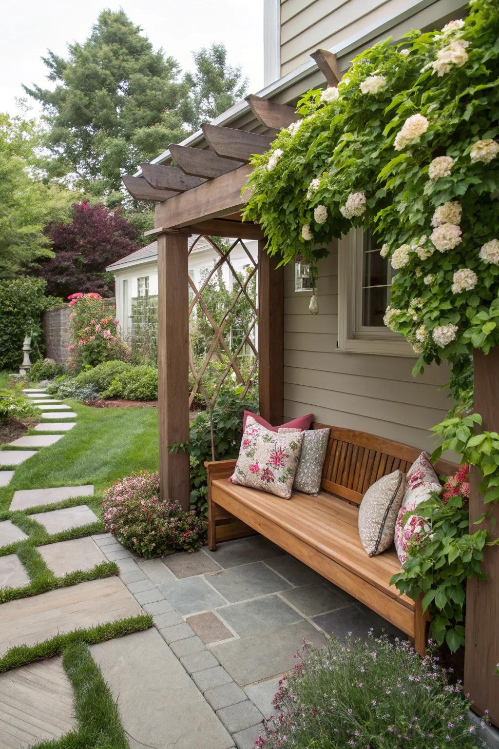 A seating nook offers a peaceful retreat in your side yard.
