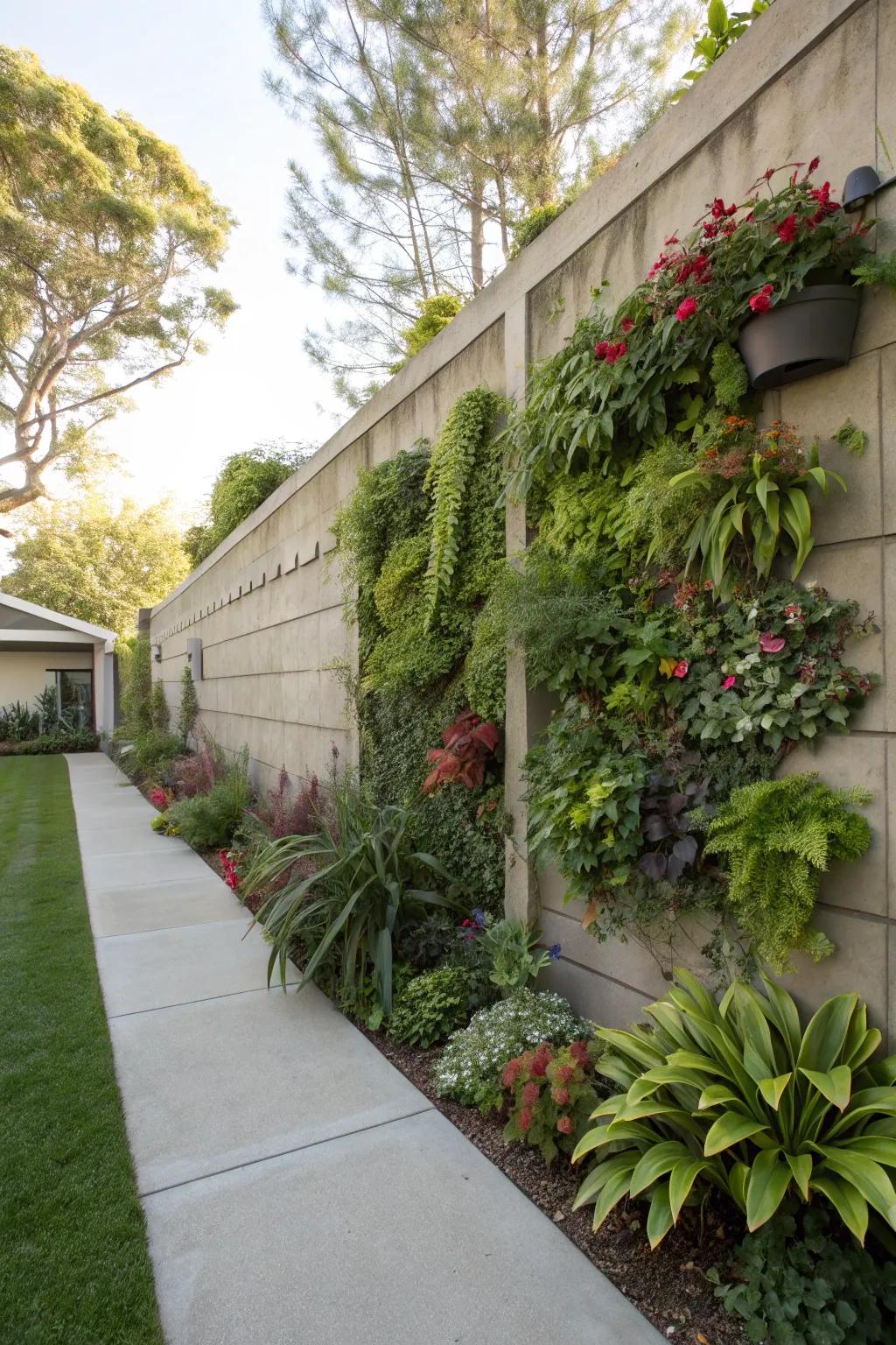 Concrete walls become canvases for lush vertical gardens.