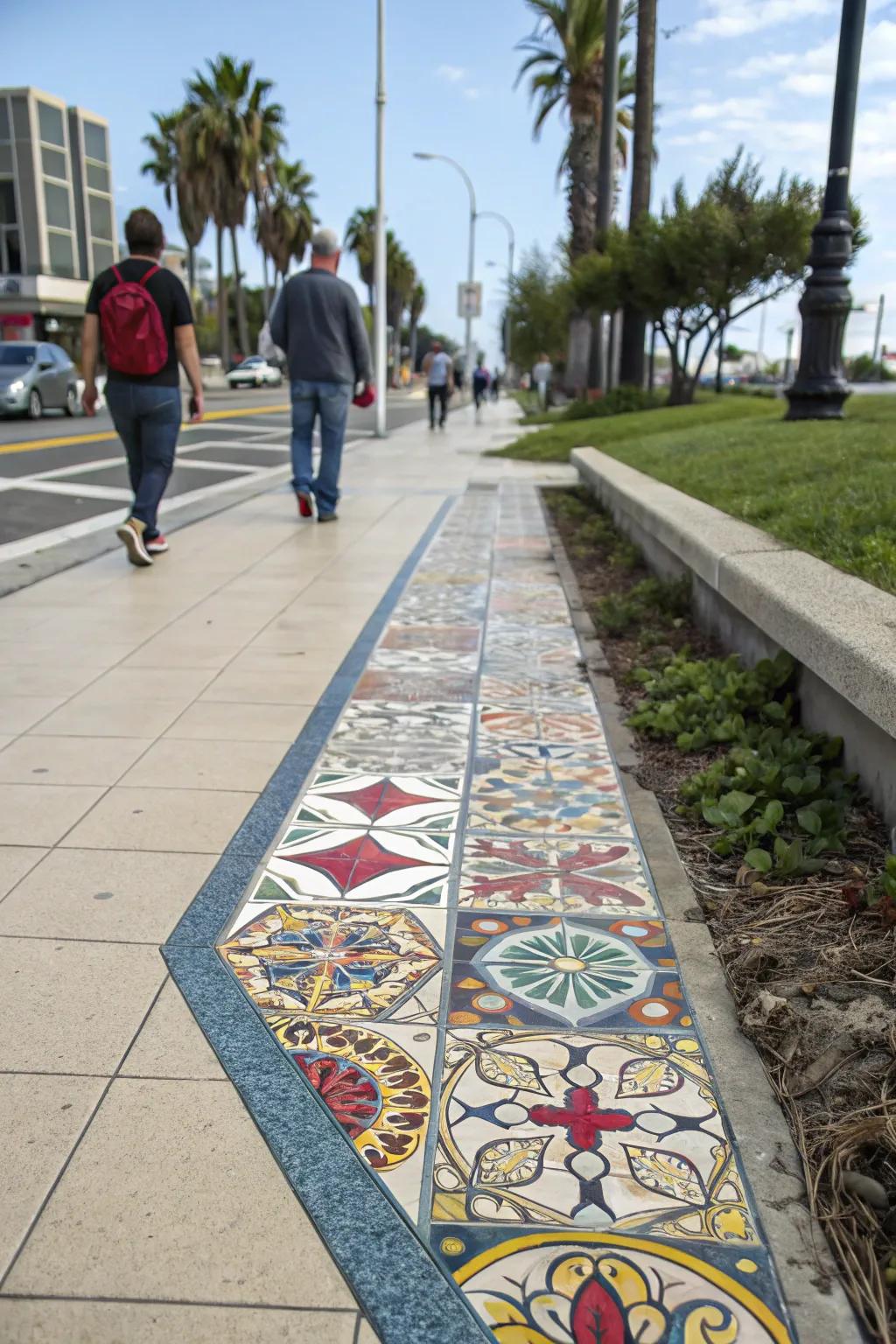 Mosaic tiles add artistic flair to edges.