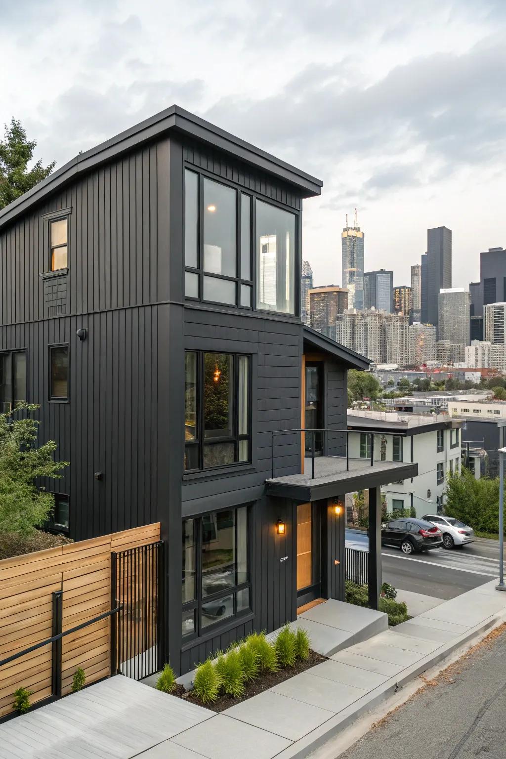Dark gray siding with black trim for a sleek, urban look.