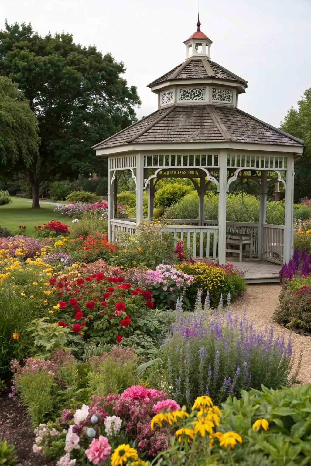 A silo gazebo nestled within a blooming garden oasis.