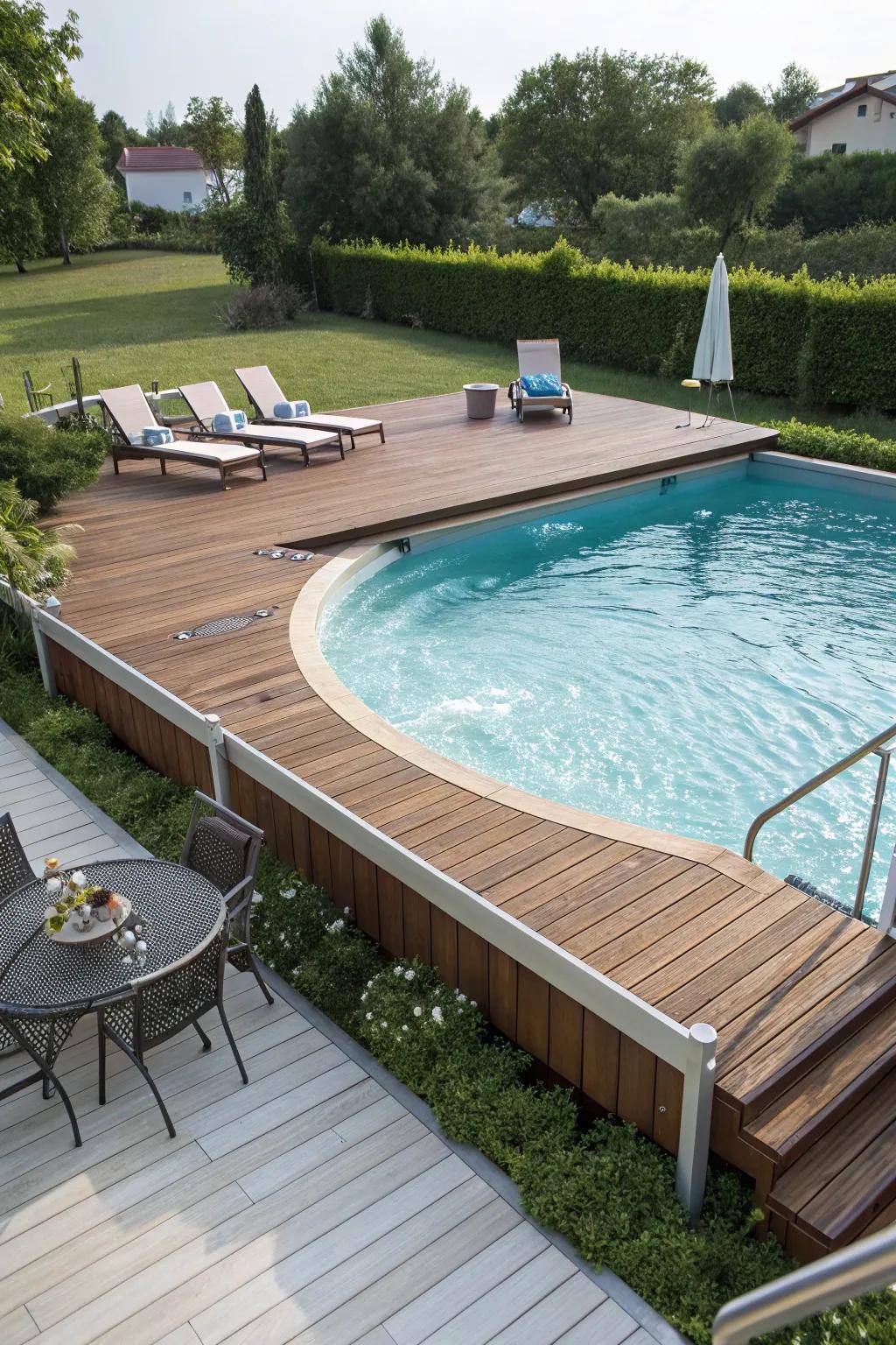 A pool deck designed for direct and easy access to the water.