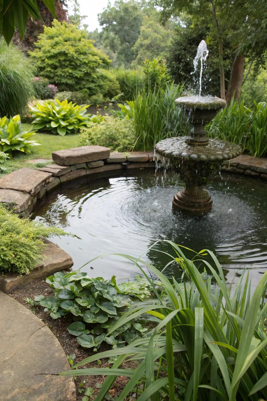 A calming water feature enhancing the peacefulness of a garden.