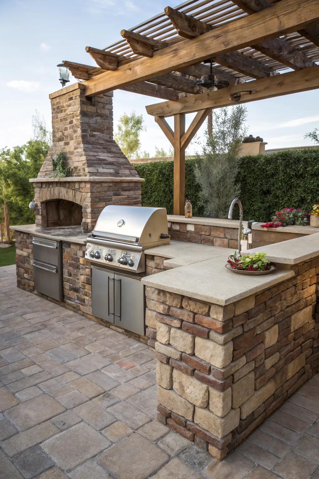 Stone and brick provide a timeless and durable BBQ setup.