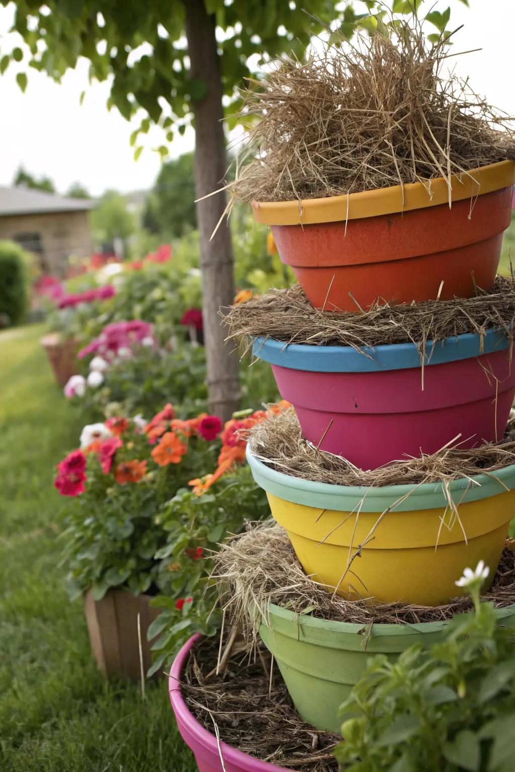 A playful flower pot bug hotel in the garden.