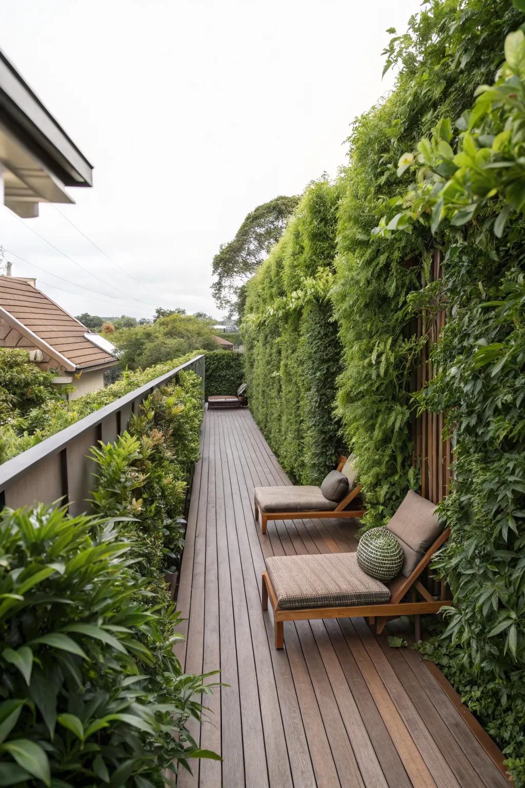 Vertical gardens offer privacy and a touch of nature.