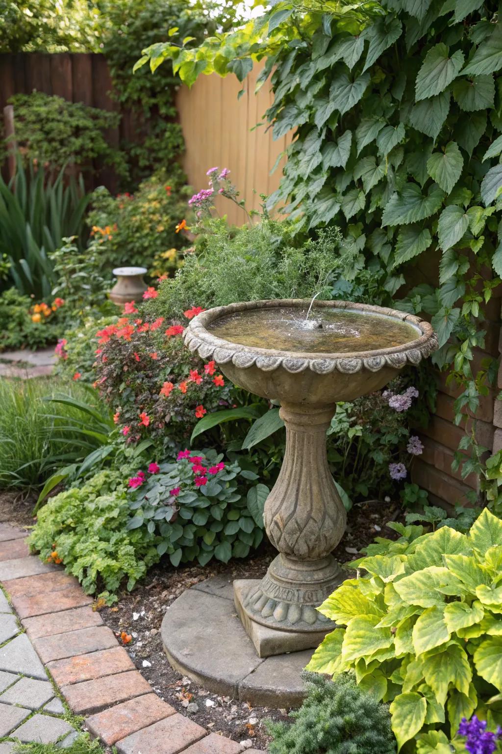 A charming birdbath inviting local birds to visit.