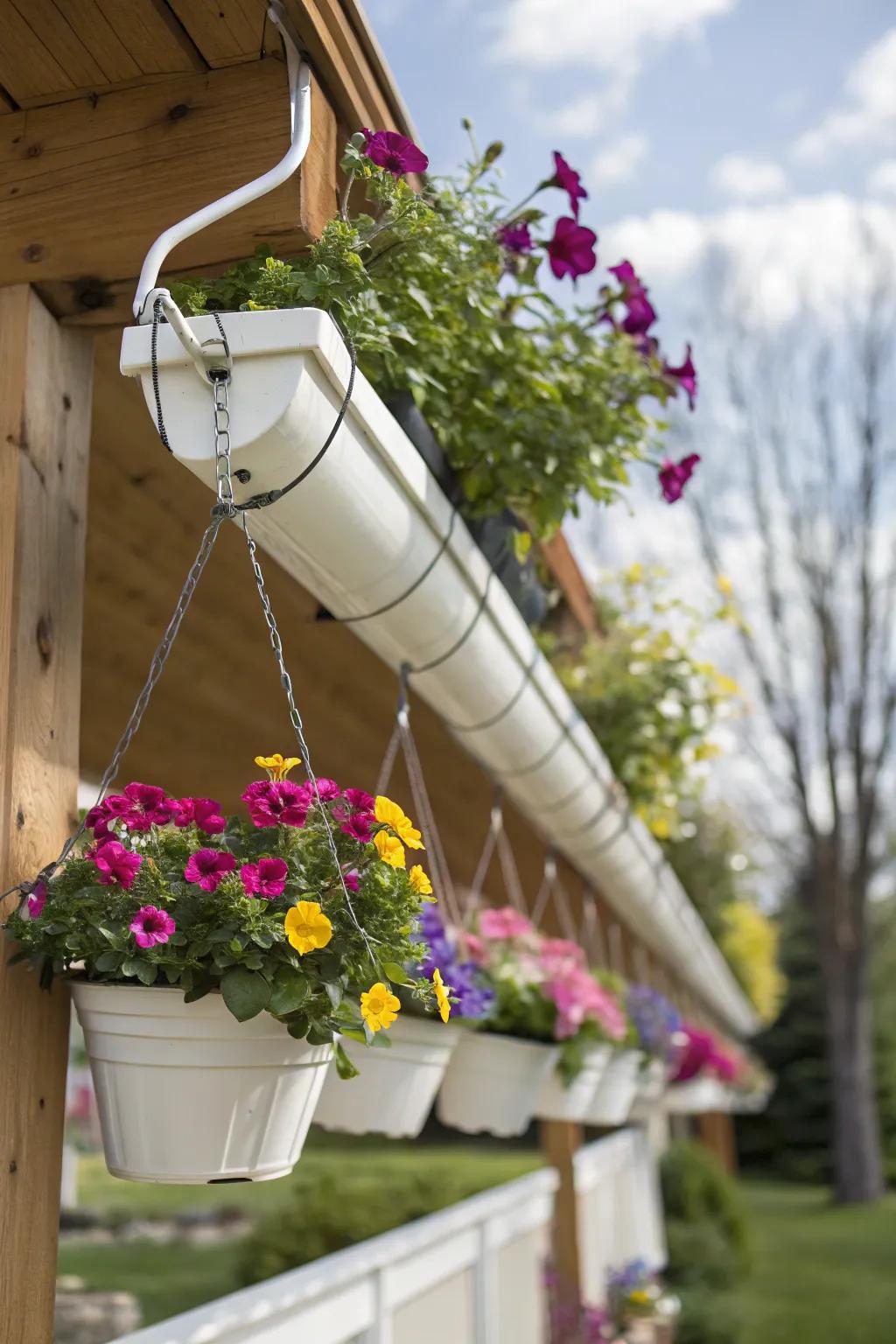 Vinyl gutters repurposed into vibrant hanging planters.