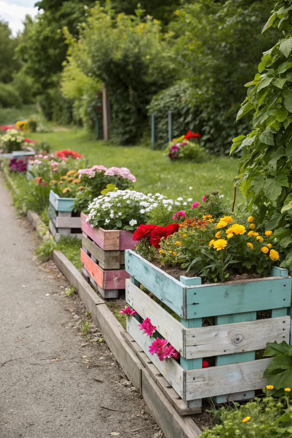 Pallet flower planters bring vibrant bursts of color to your garden.