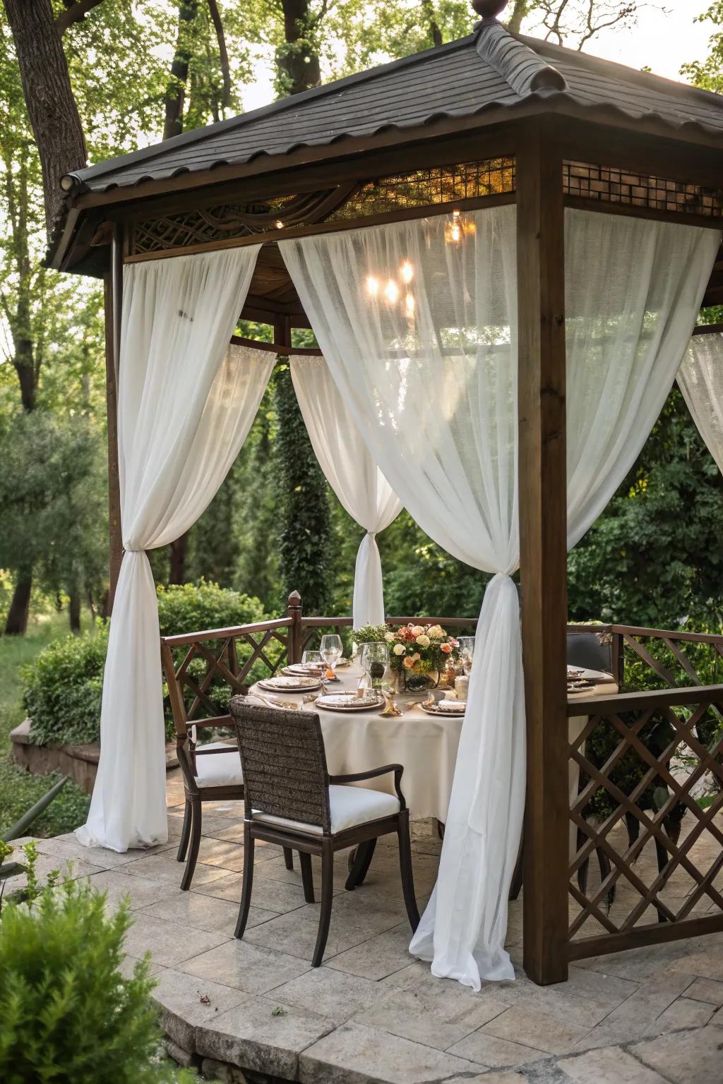 Al fresco dining is made elegant with a well-designed gazebo setup.