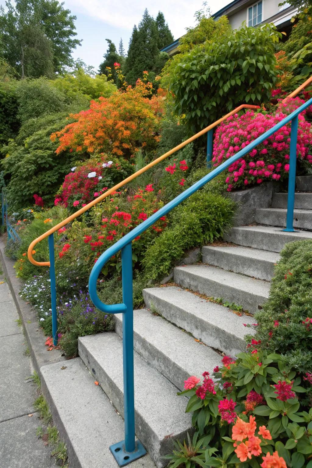 A colorful painted handrail adds personality and fun to concrete steps.