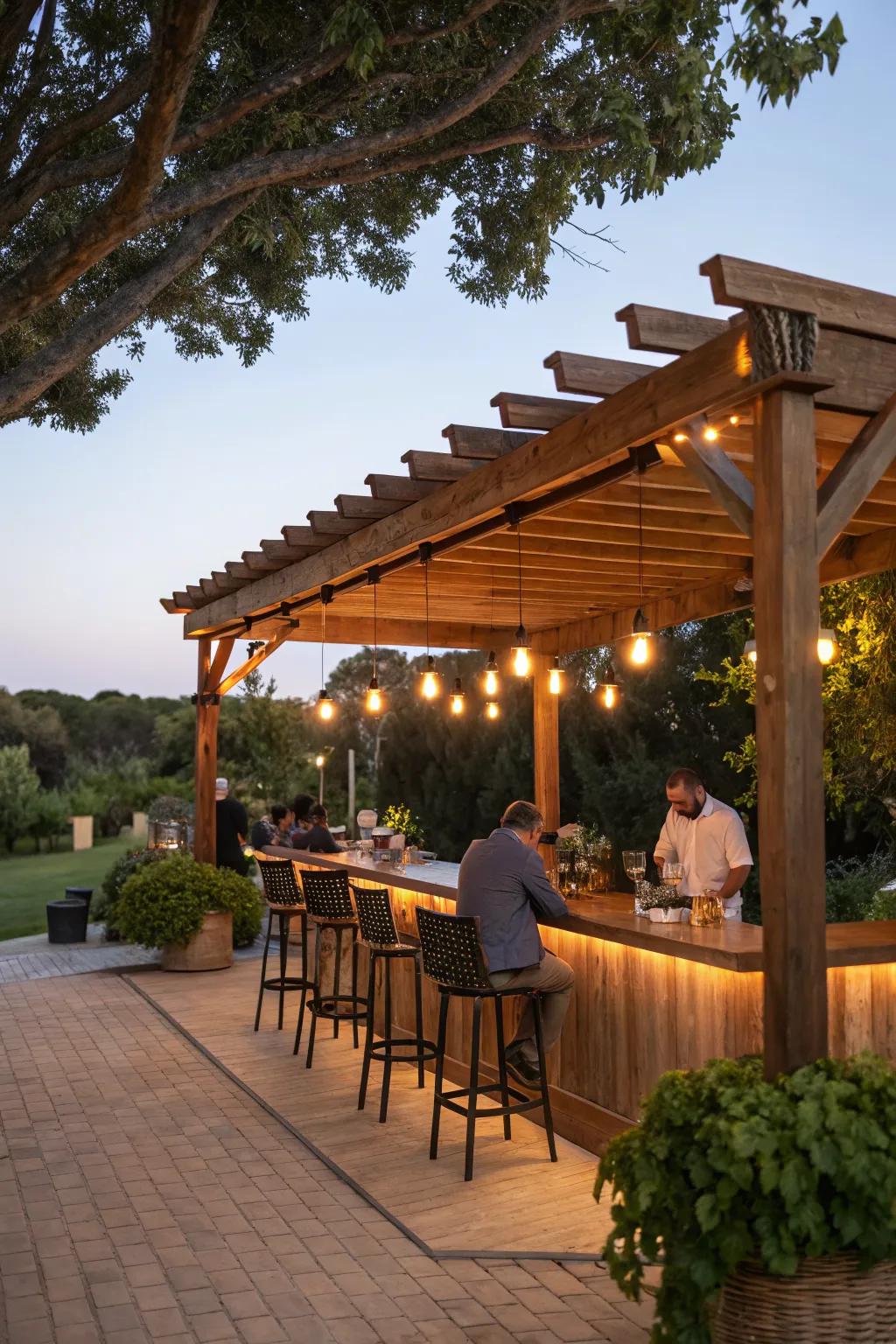 A pergola provides shade and structure to this inviting outdoor bar setup.