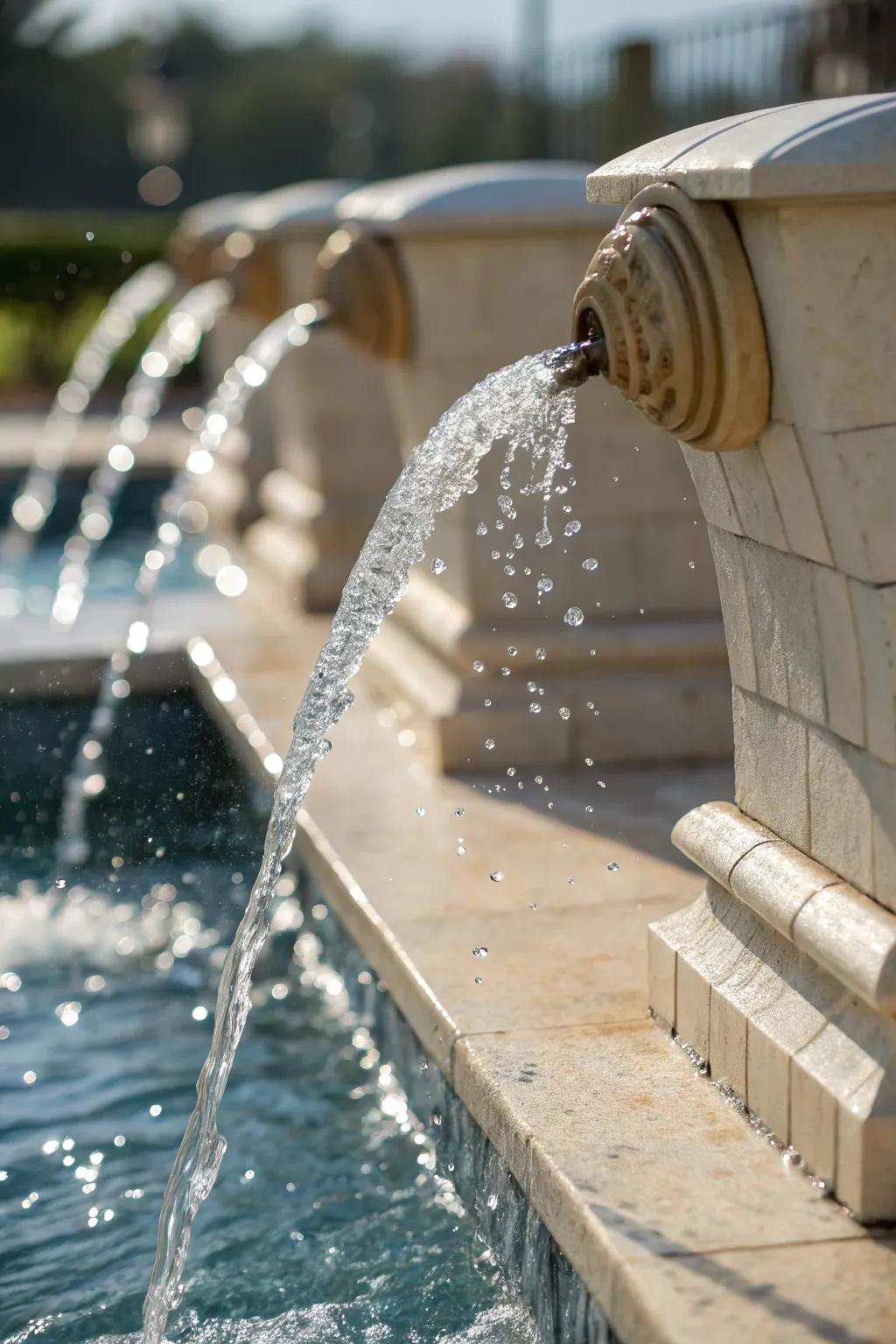 Scuppers and spouts add an artistic touch to pool waterfalls.