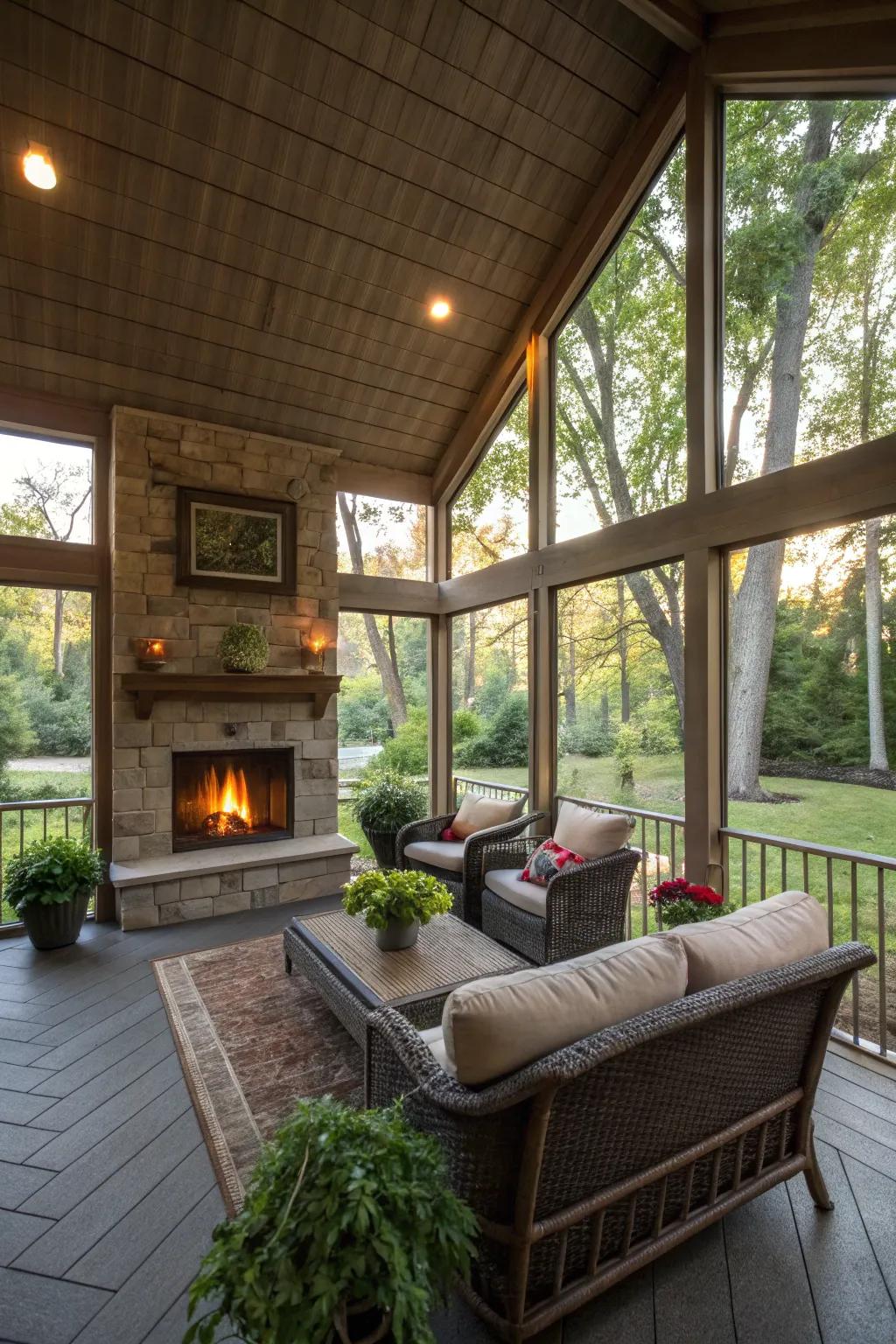 An open and spacious layout invites relaxation on this screened porch.