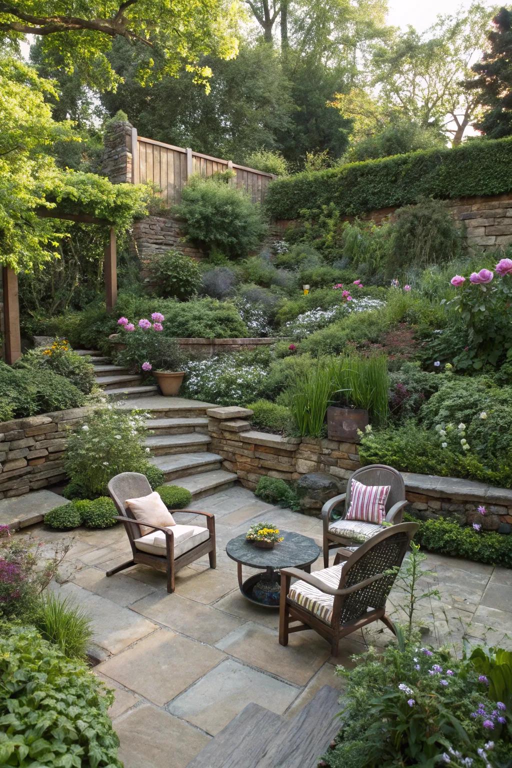 A cozy sunken patio surrounded by lush garden plants.