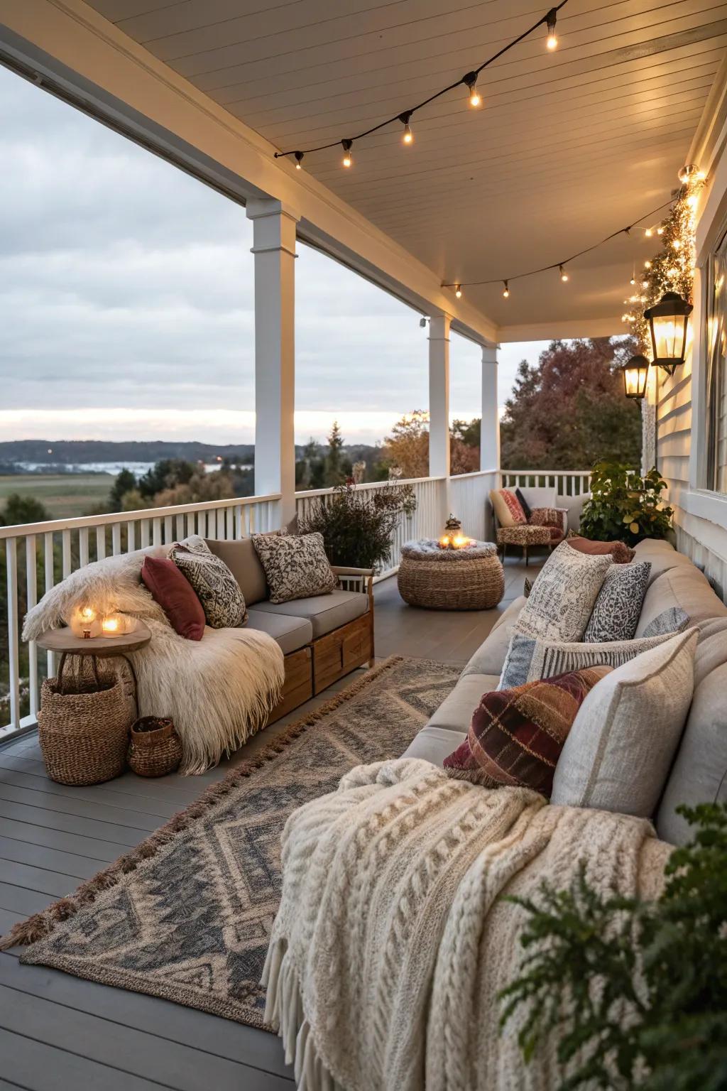 Cozy accessories adding warmth to the veranda.