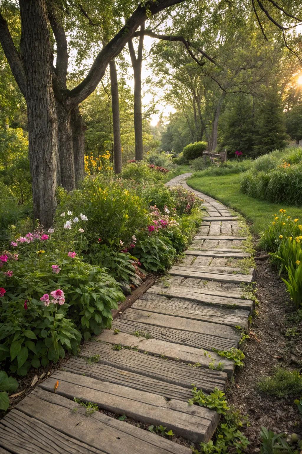 Reclaimed wood provides a charmingly rustic garden walkway.