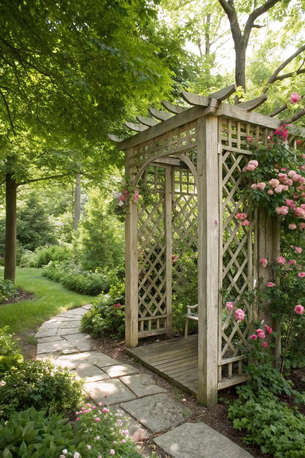 Trellis panels on an arbor enhance privacy and climbing plant support.