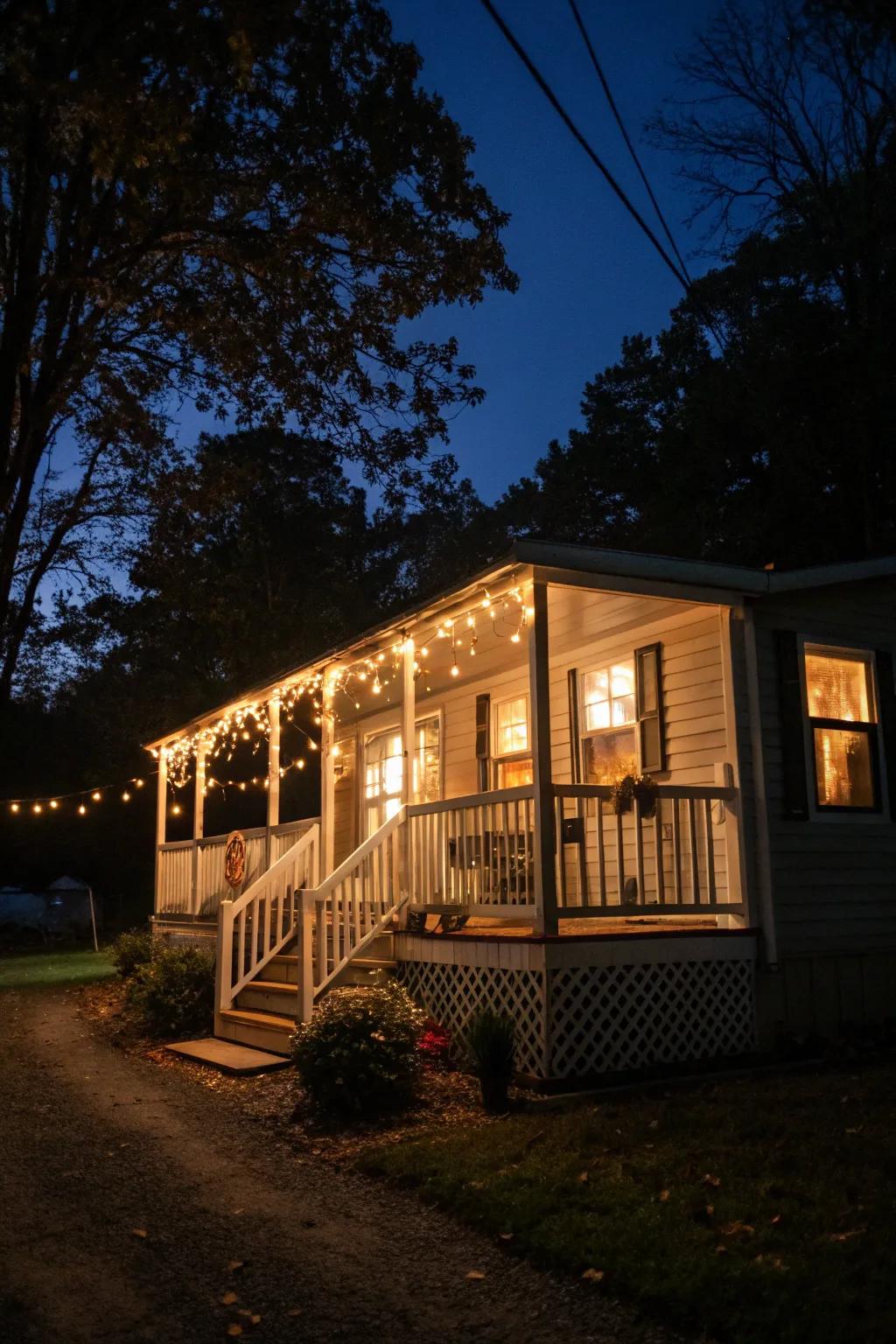 Exterior lighting can create a warm, welcoming glow.