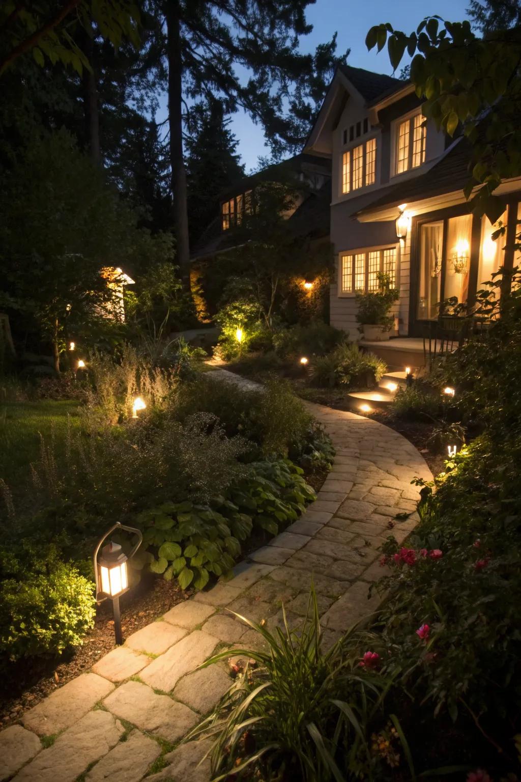 Outdoor lighting adds a magical touch to sloped backyards.