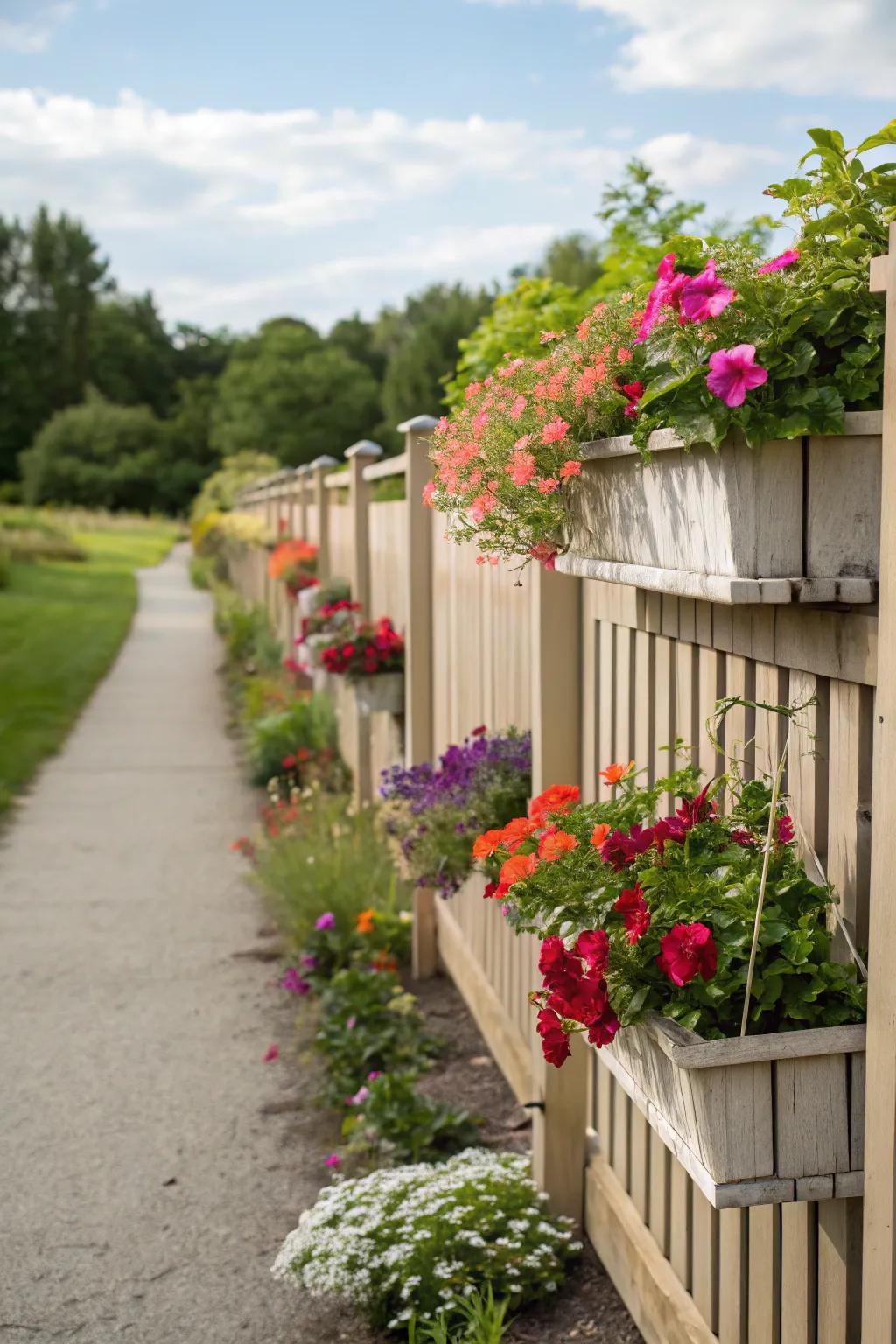A vibrant slat fence transformed into a living wall with colorful planters.