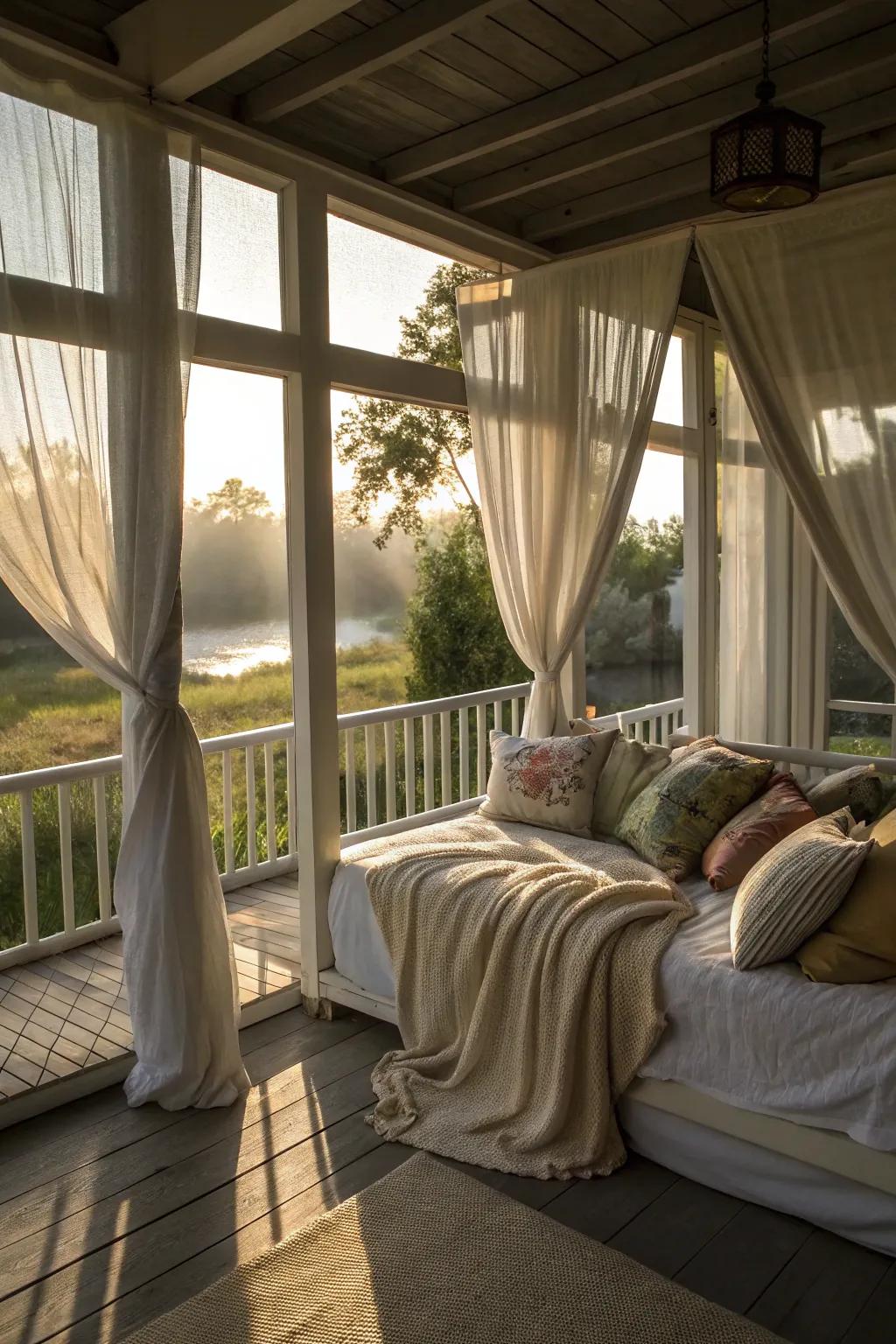 Curtains add privacy and coziness to your sleeping porch.