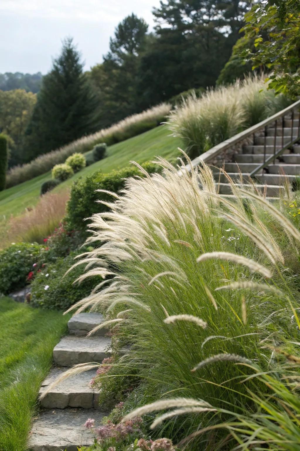 Ornamental grasses bring dynamic texture to sloped gardens.