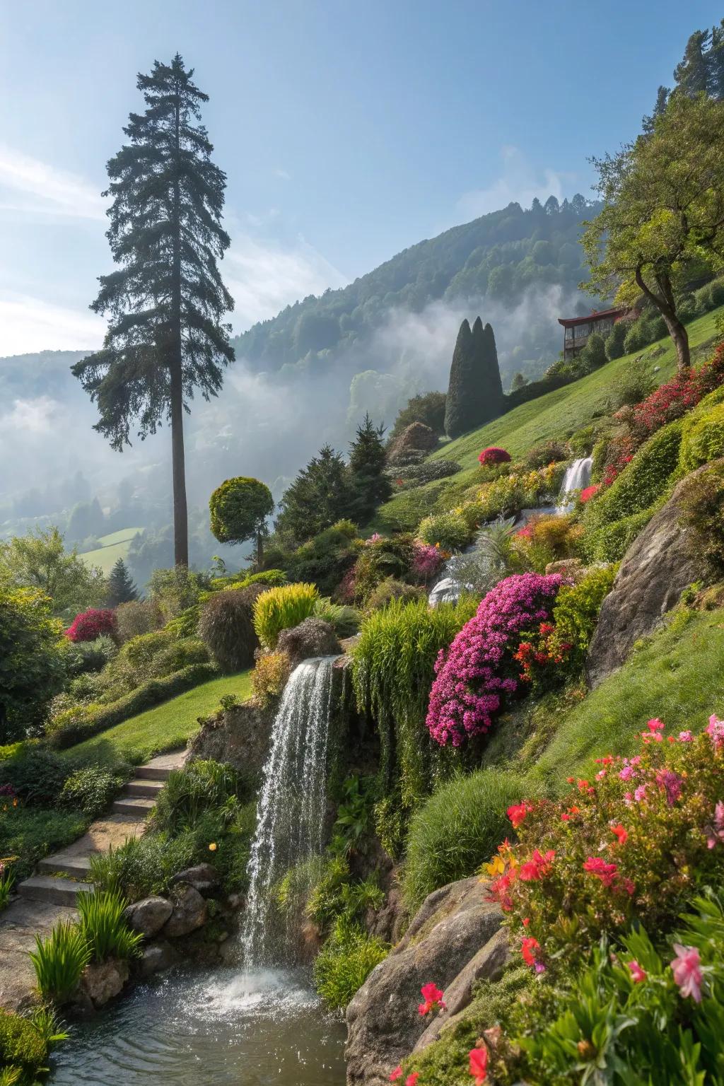A water feature adds calm and beauty to your slope.