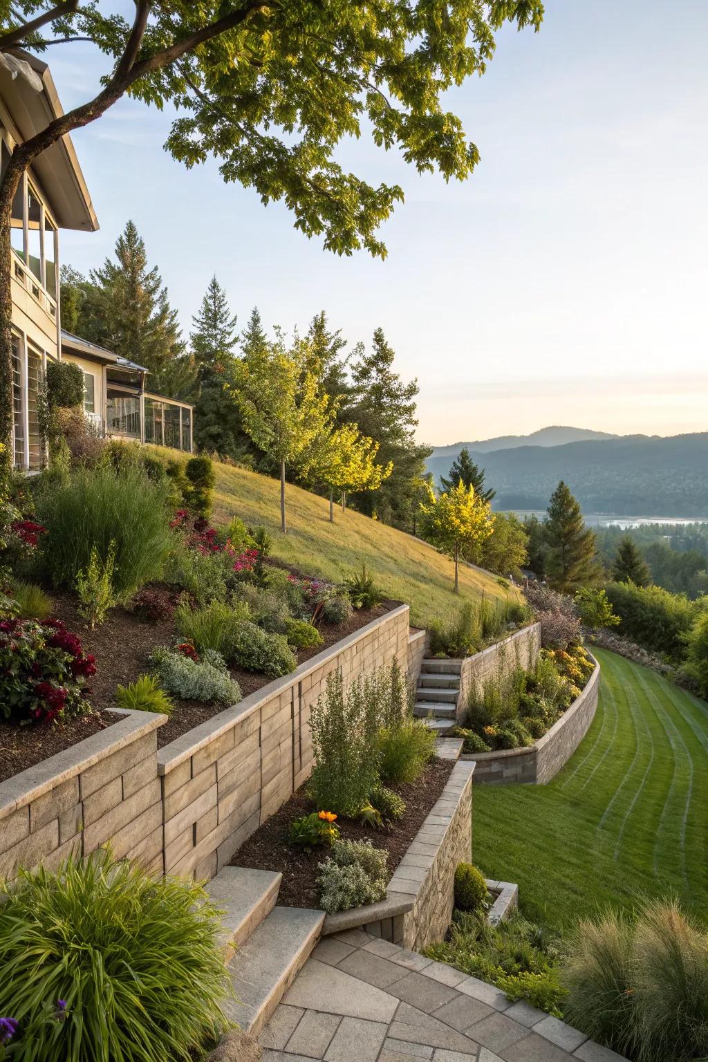 Retaining walls manage erosion and create structure on a slope.