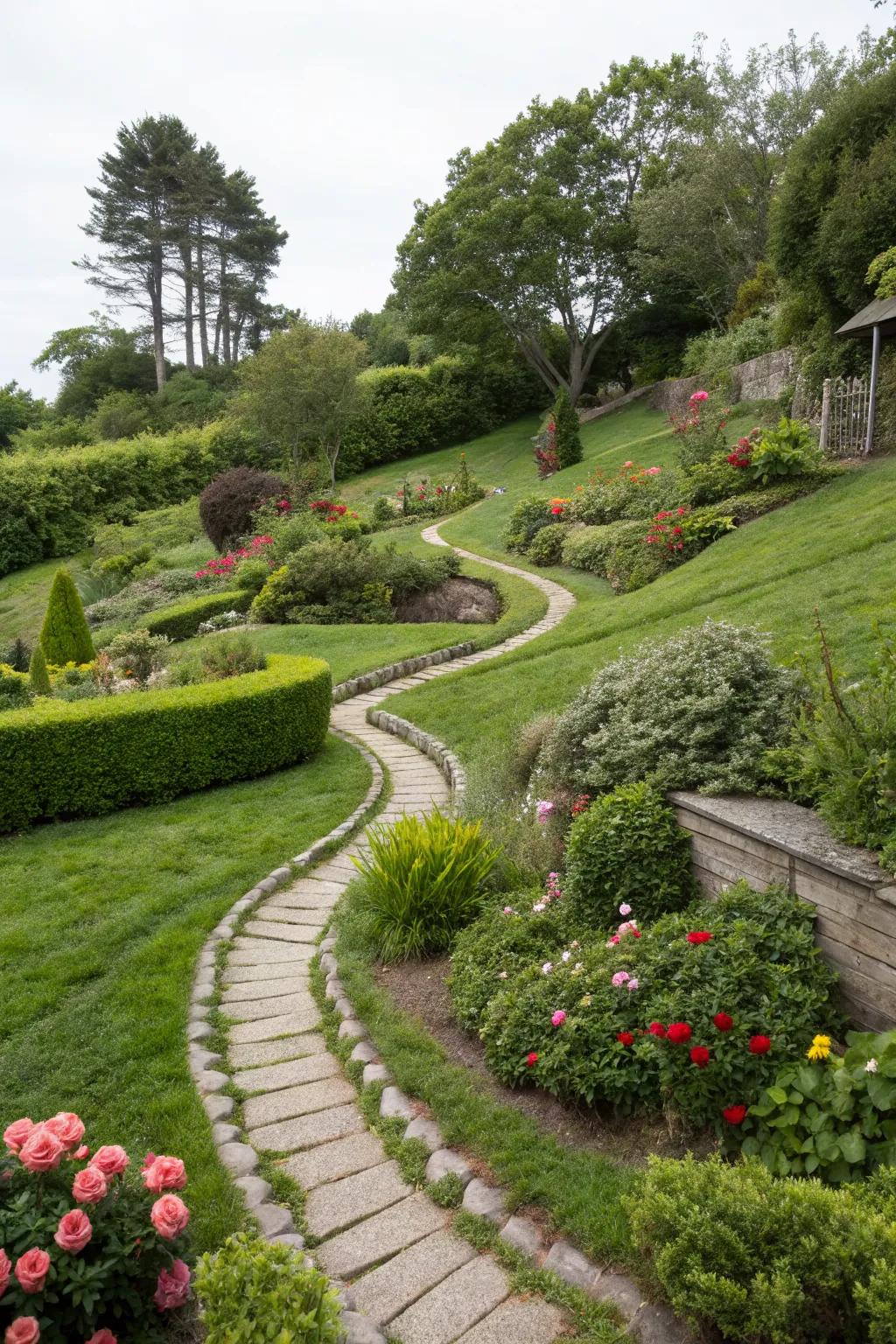 Purposeful pathways leading through a lush, sloped garden.