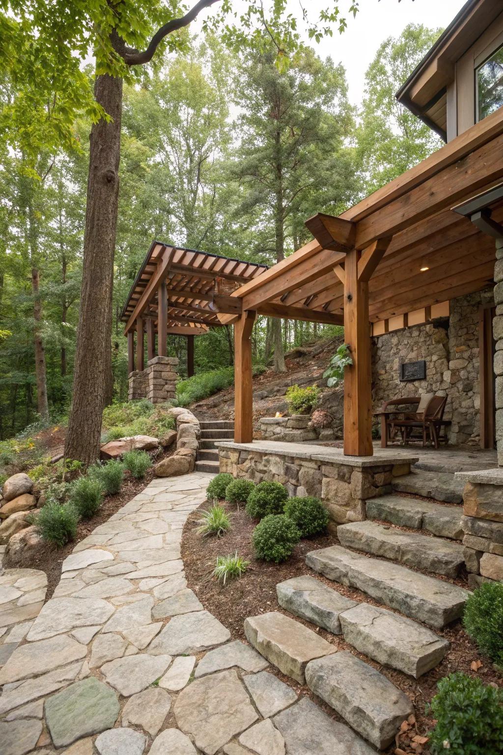 Rustic elements add charm and blend with nature.
