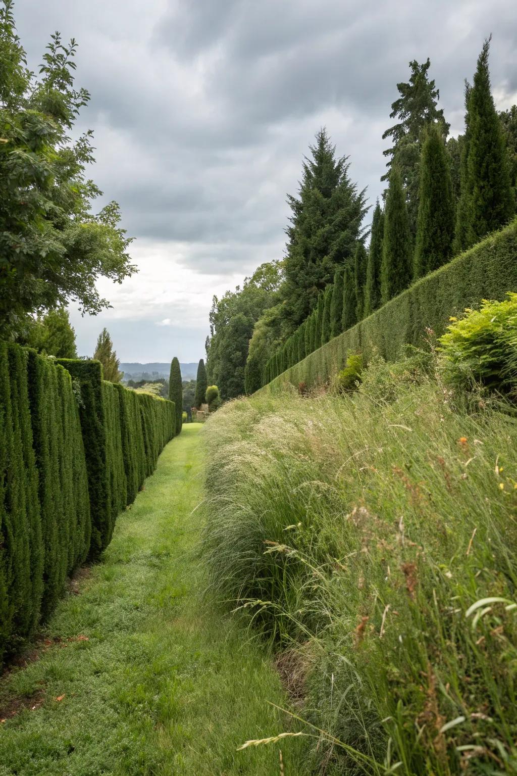 Strategic planting can provide privacy and define spaces in sloped yards.