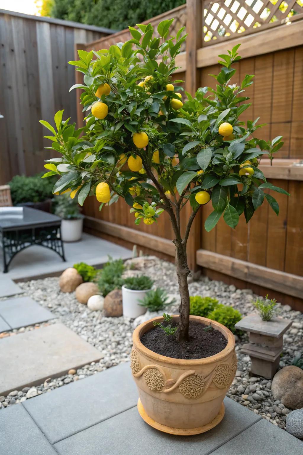 A potted dwarf lemon tree adds charm and fruit to a small patio.