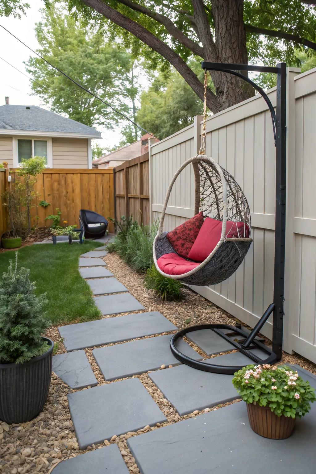 Hanging chairs offer a fun and relaxing seating option.