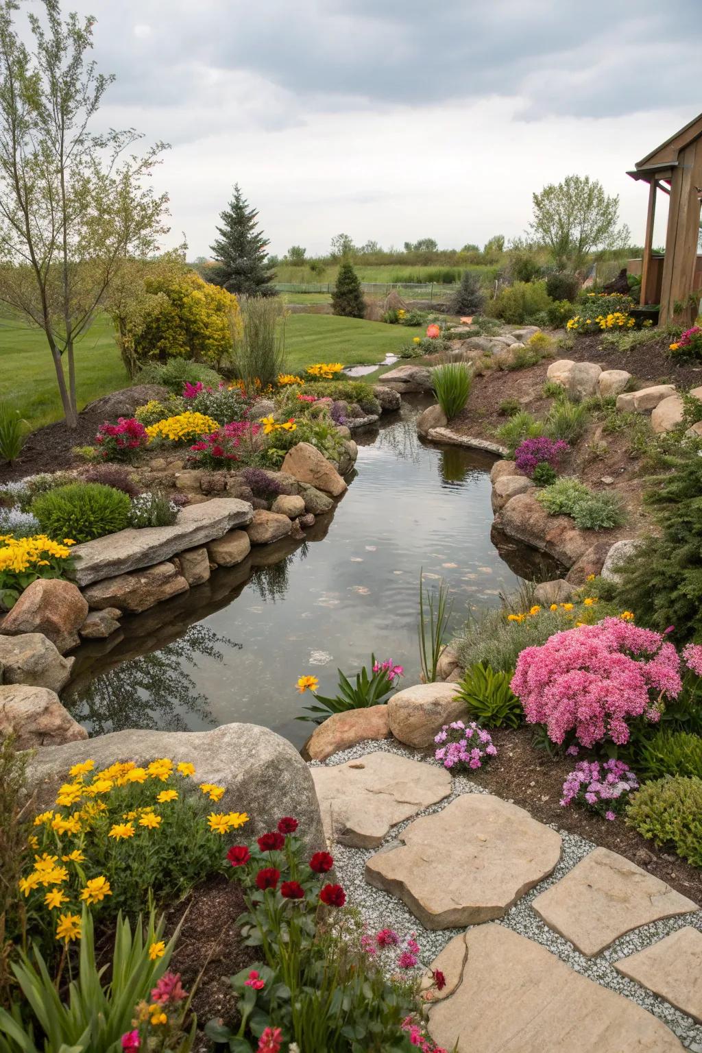A small pond adds tranquility and charm.