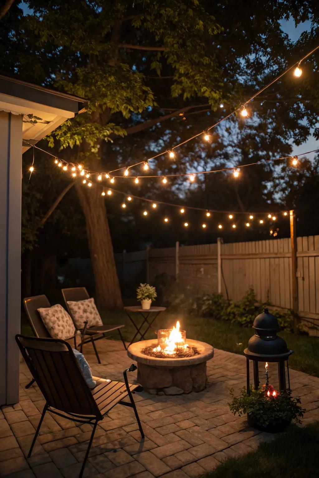 Enchanting evening ambiance with string lights over the fire pit.