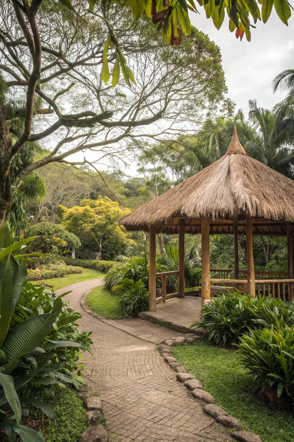 A tropical-inspired pavilion creating an island paradise feel.