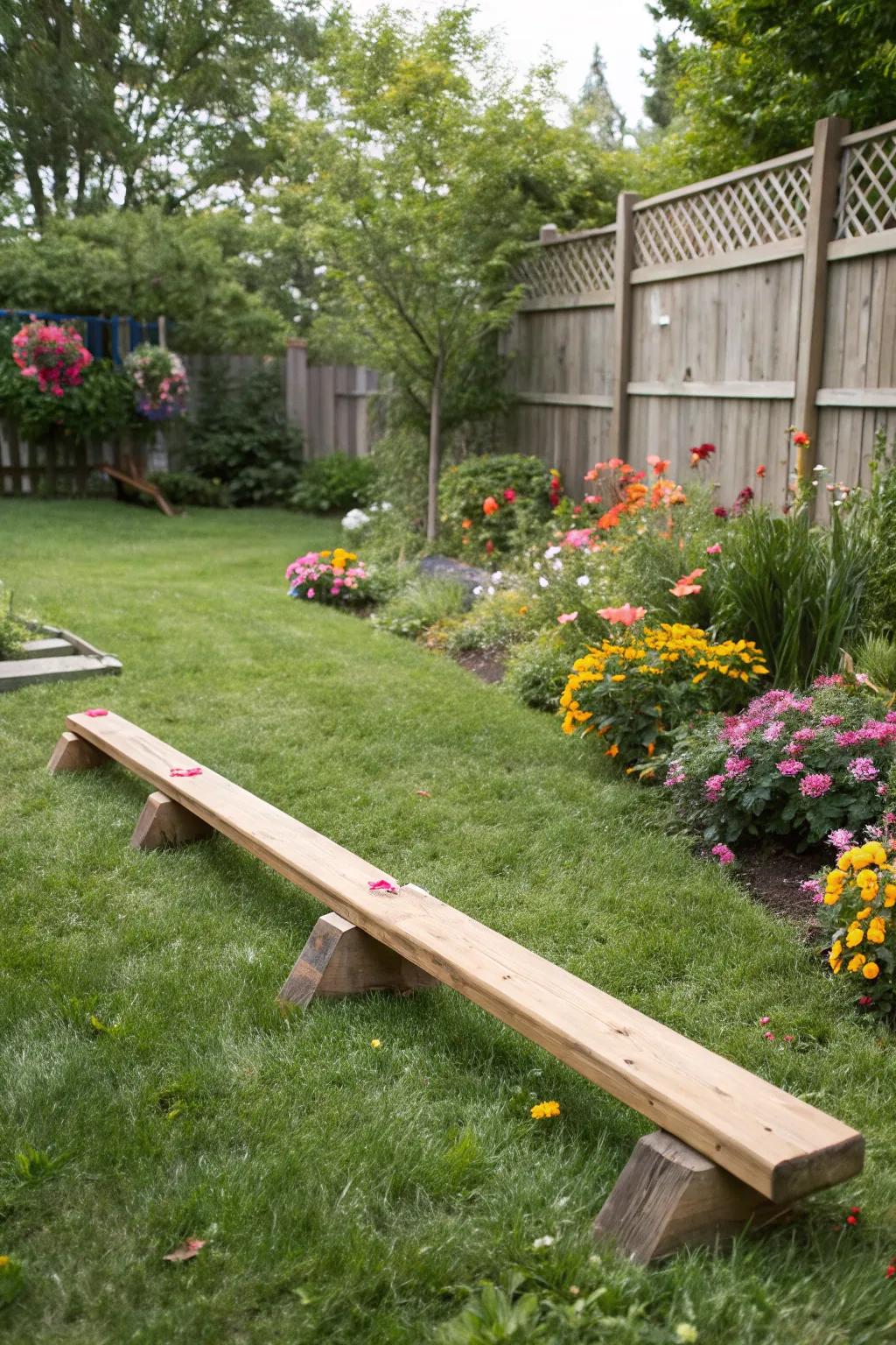 A wooden balance beam that promotes balance and coordination.
