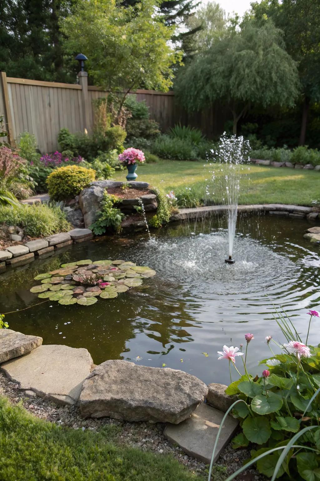 A playful floating fountain in a small backyard pond.
