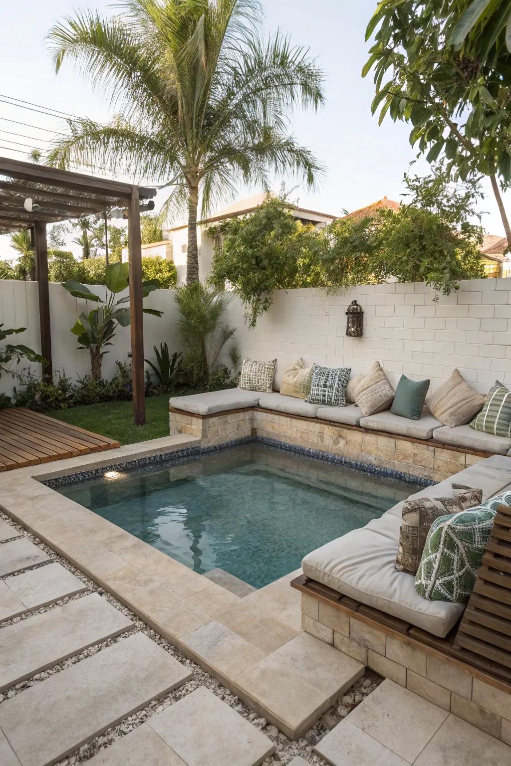 Integrated seating areas offer relaxation spots without cluttering the poolside.