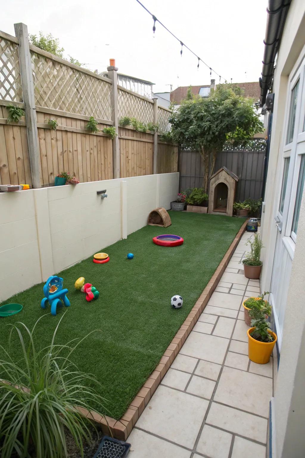 A pet-friendly turf area keeps your furry friends happy.