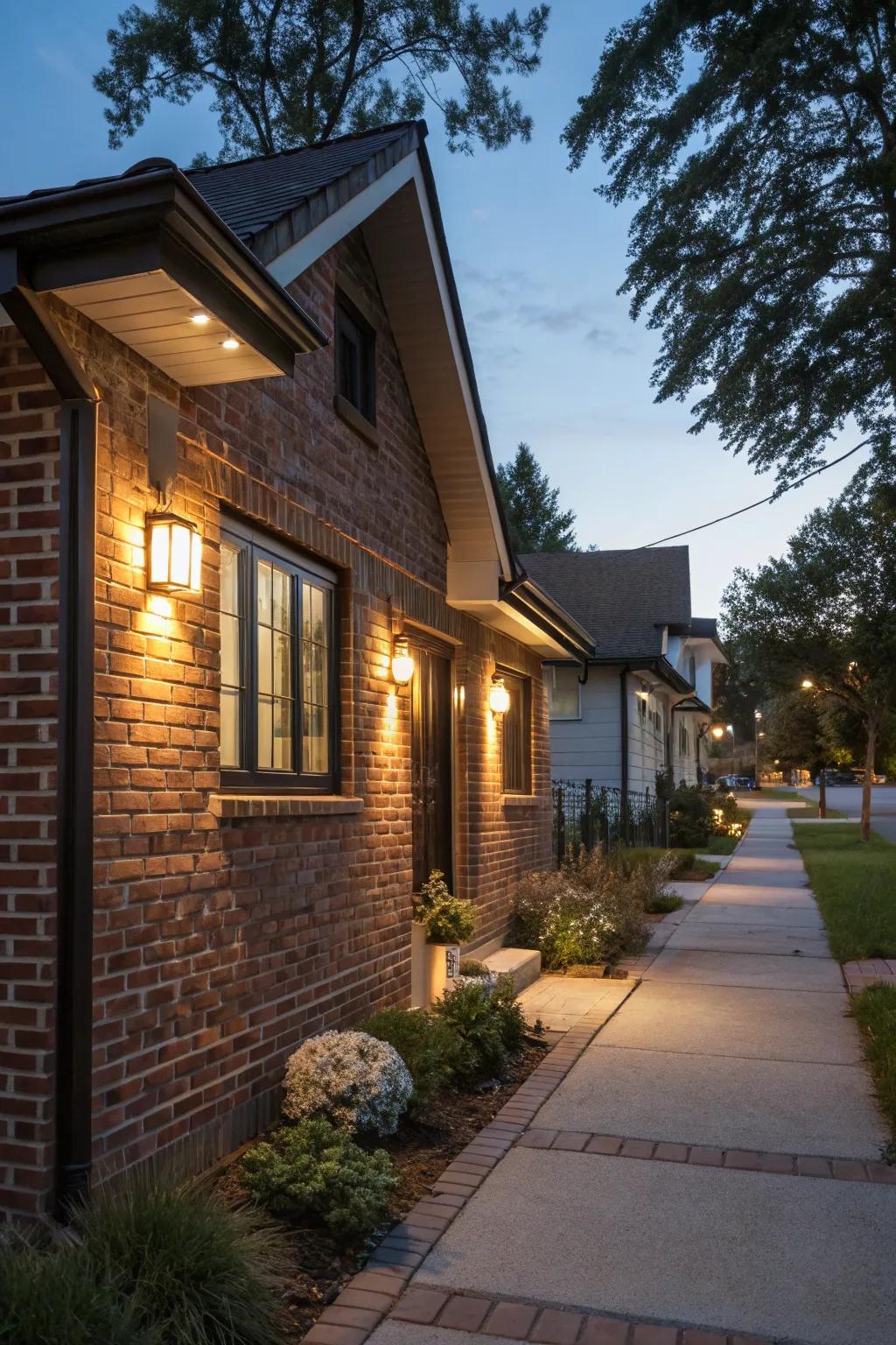 A small brick house enhanced by modern lighting fixtures.