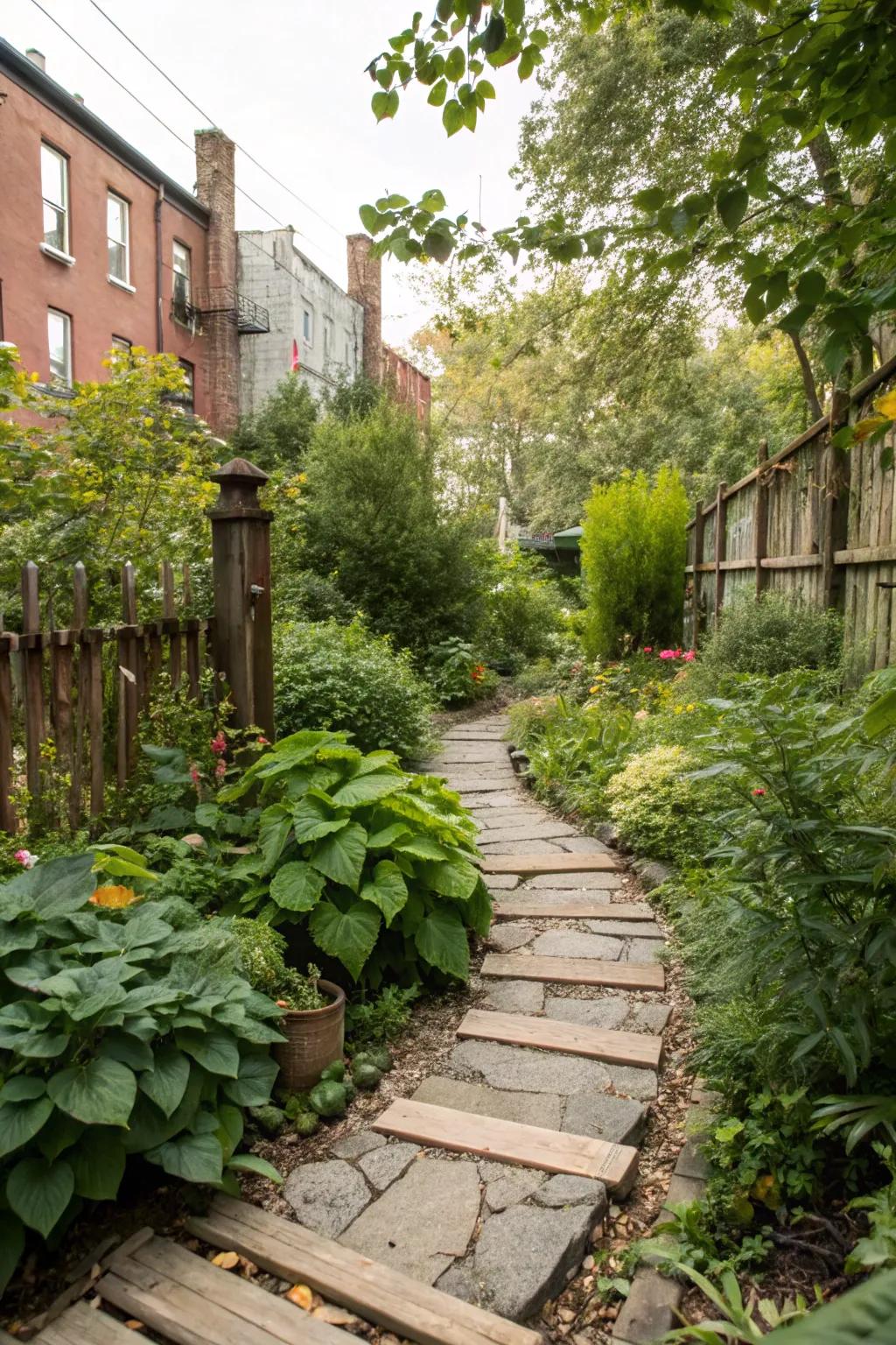 Paths made of mixed materials enhance visual interest and structure.