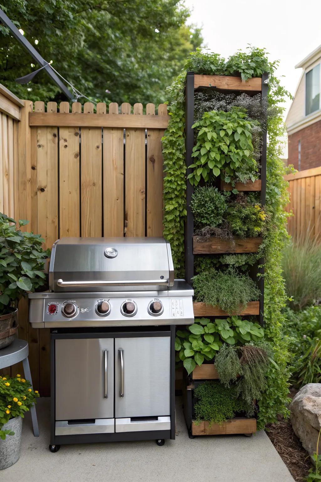 A vertical garden adds greenery and functionality to your grill space.