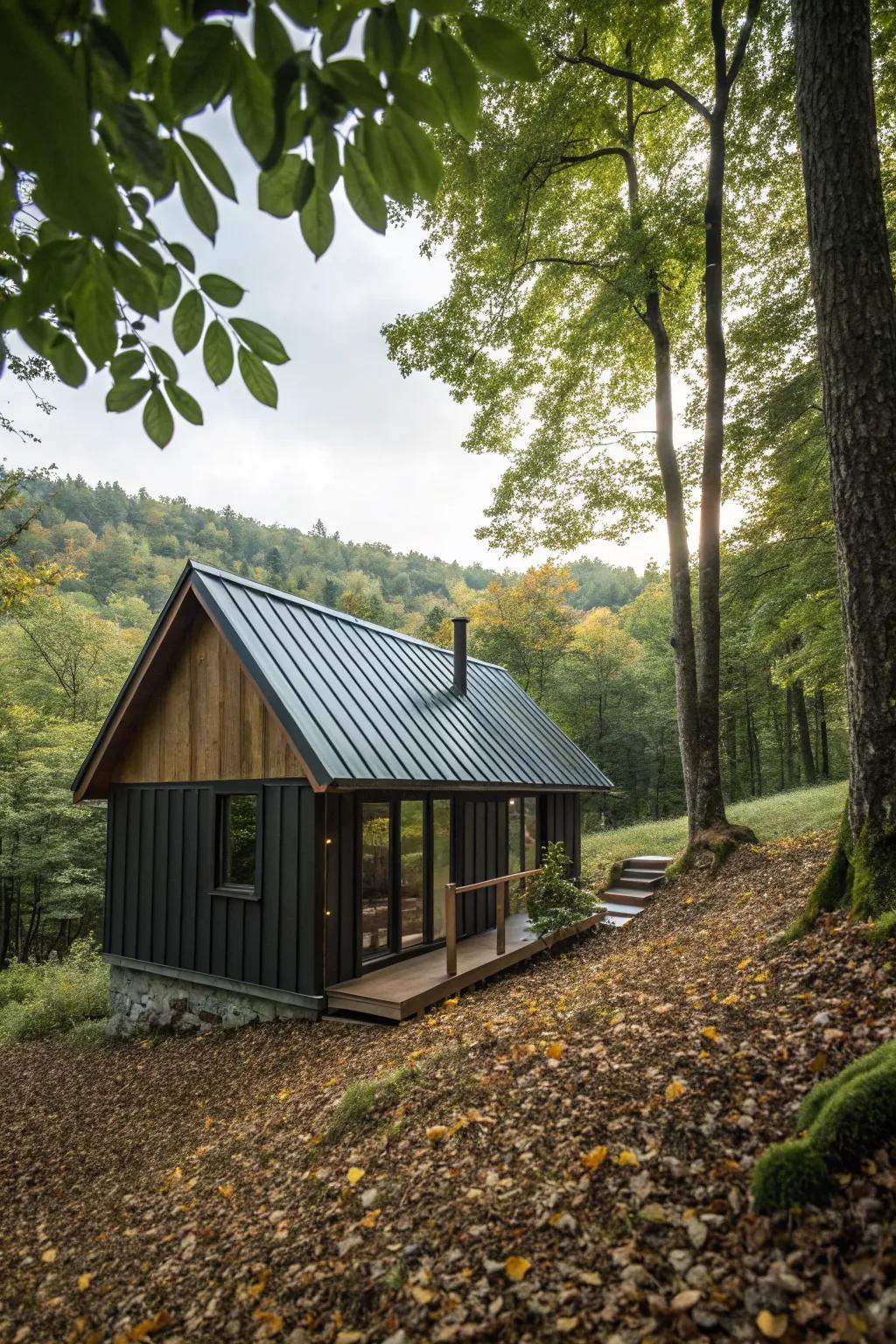 A cabin with a durable and stylish metal roof set against a natural backdrop.