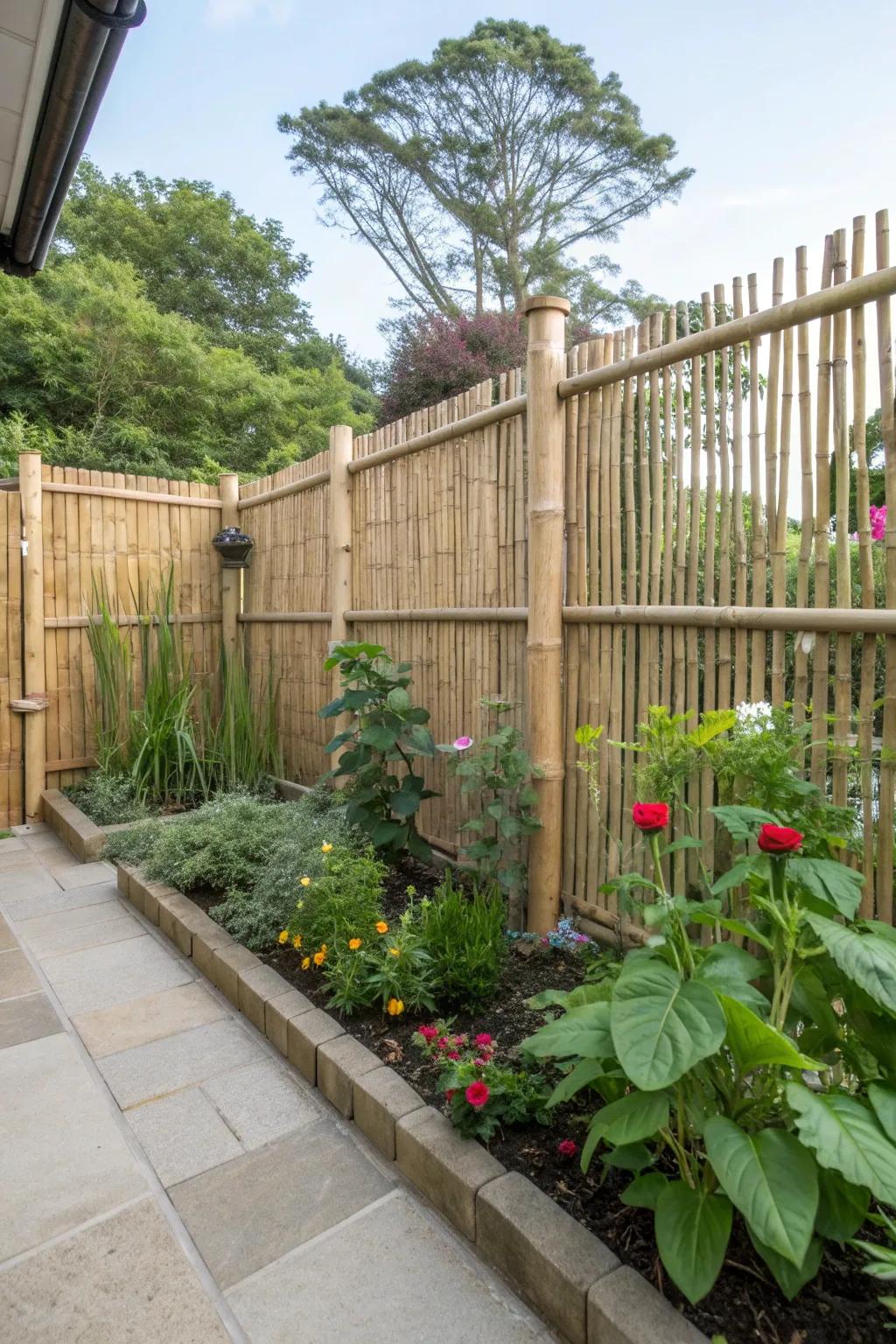 A bamboo fence surrounding a small garden space.